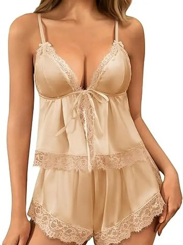 Kolagri Women's Silky Satin 2-Piece Lingerie Pajama Set - Floral Lace, Tie-Front Spaghetti Straps Cami, High-Waist Shorts, Bridal Matching Comfortable Sleepwear, Adjustable