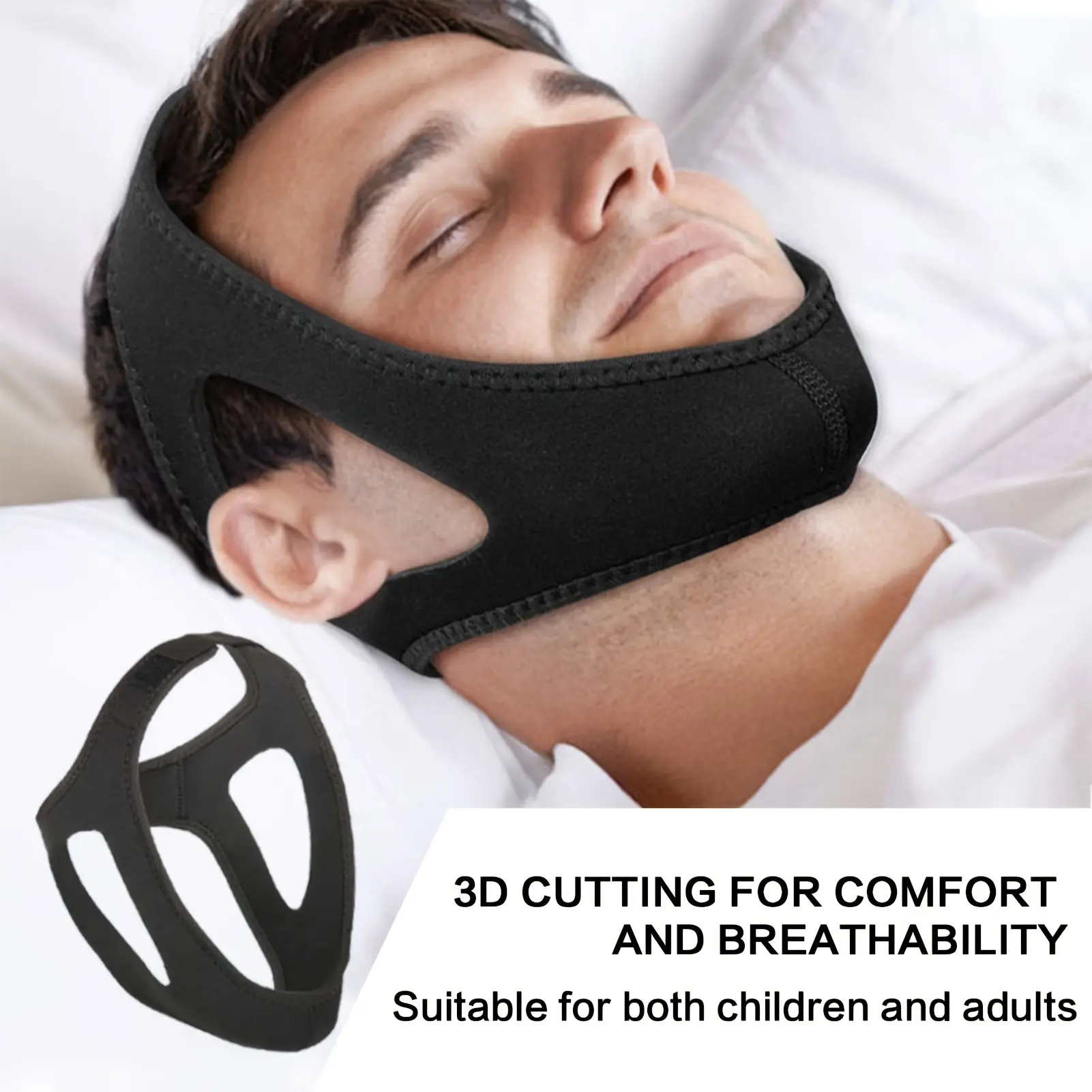 Adjustable Lightweight Durable Anti-Snoring Chin Strap for Men & Women, Breathable Jaw Support Sleep Aid, Effective Snoring Solution, Black