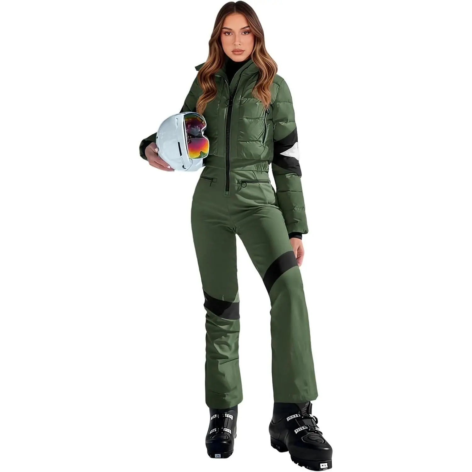 Yousify Women's Long Sleeve Color Block Onesie Ski Suit - Warm, Waterproof Winter Outdoor Sports Snowsuit Overalls for Women's Wear