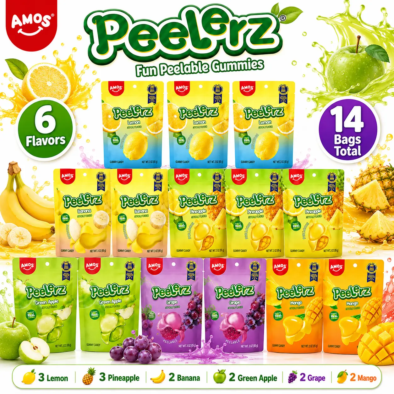 AMOS Peelerz Fun Peelable Gummies Variety Pack, 14 Bags, 6 Fruity Flavors: Lemon, Pineapple, Banana, Green Apple, Grape & Mango, Fun Chewy Gummy Candy for Sharing and Snacking
