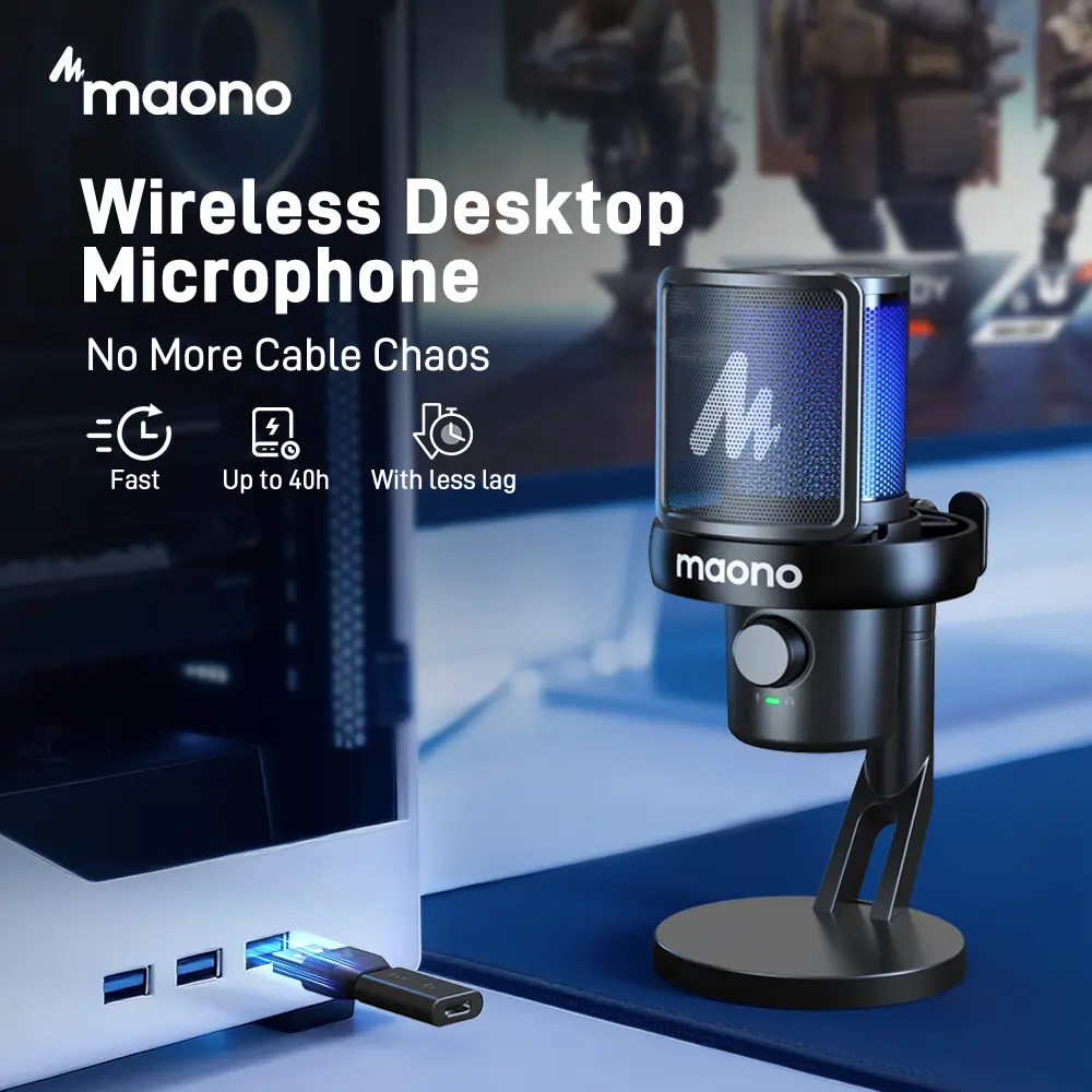 Maono DM40 Dynamic RGB Mic (Button-Controlled) with Plug-and-Play Audio, Voice Changer, Noise Reduction, EQ Setting, USB-Wireless Connection, Compatible with PC, Laptop, PS4, PS5, Smartphone, Mac, Ideal for Content Creators, Manufacturer Warranty, Noise C
