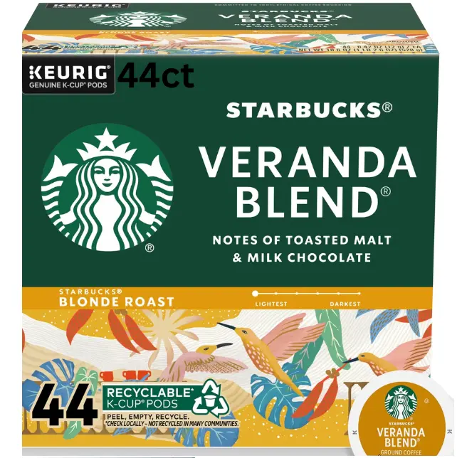 Starbucks Veranda Blend, Hot or Iced Coffee, Blonde Roast K-Cup Coffee Pods, 44 Count Starbucks Veranda Blend, Hot or Iced Coffee, Blonde Roast K-Cup Coffee Pods, 44 Count