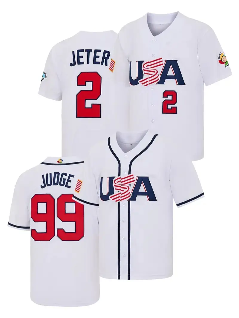 USA Baseball Jersey #99 #2 - Team USA Game Day Stitched Button Down Apparel, White Sports Fan Shirt
