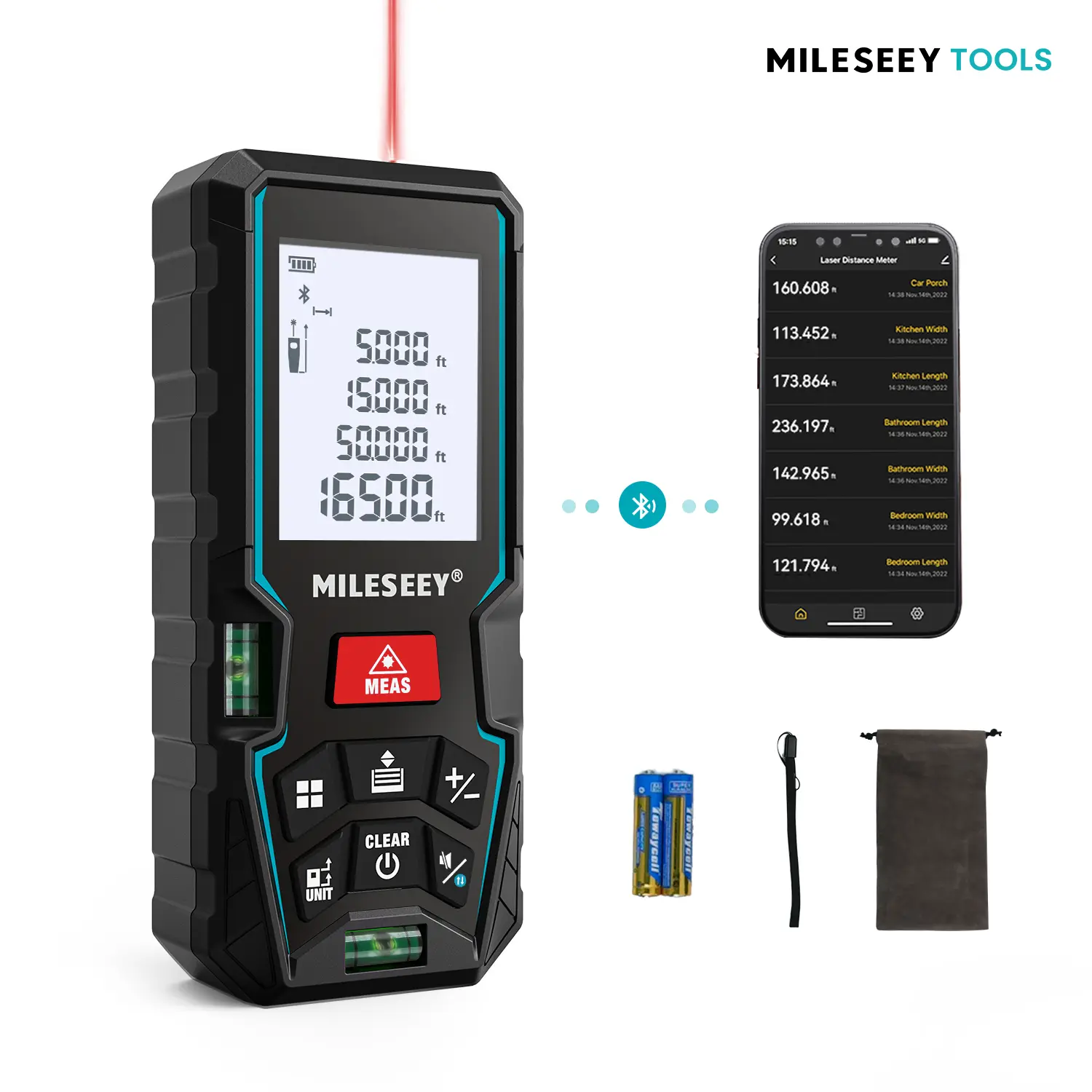MILESEEY D5T Digital Laser Tape Measure - Laser Range Finder, 165ft Range, 2 Bubble Levels, ±1/16in Accuracy, Unit Switching, Backlit LCD, Pythagorean Mode, Mobile App Support, Tools and Gadgets for Construction Work Tools, Laser Measuring Tool, M/ Ft/In/