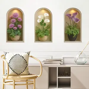 3-Piece Realistic Artificial Green Plant Wall Mural Stickers with Curved Wall Tiles, Featuring Black Planters and Hibiscus Flower Wall Decals, Sticker Packs, Decorative Stickers, Self-Adhesive and Reusable, Ideal for Living Room, Bedroom, and Home Office