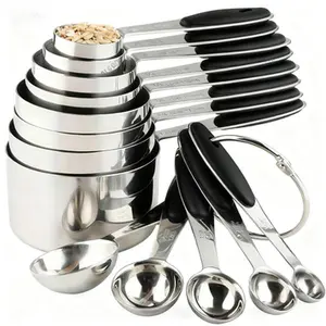 Stainless Steel Measuring Cups and Spoons Set - 13 Pieces, Includes 8 Measuring Cups with Black Silicone Handles and 5 Measuring Spoons, Kitchen Accessories for Baking and Cooking essential baking tool me spoons cup