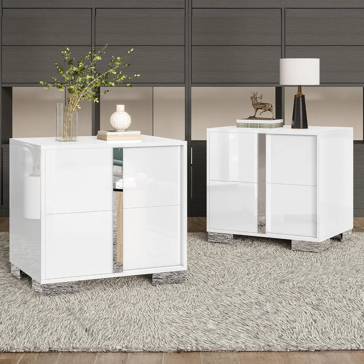 VanAcc High Gloss UV Finish Nightstand, 23.6'' Modern Bedside Table with Drawers and Electroplated Feet, Electroplated Pull Handle, Space-Saving for Bedroom, Living Room, Dressing