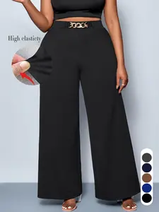 Women's Plus Size Casual Plain Wide Leg Pants, Long Fitted Kint Fabric, All Season Comfortable Clothing for Daily Wear & Travel