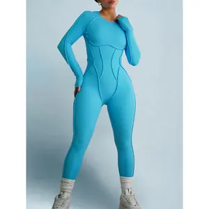 Seam Sculpt Backless Long Sleeve Jumpsuit (Blue Sorbet)