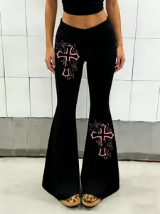 Women's leggings, flared pants with floral gothic patterns, comfortable to wear, suitable for all seasons, fashionable women's Casual Chic Bottoms, a versatile and stylish choice for everyday outfits.