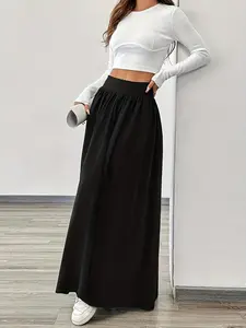 Women's Solid Color Casual Midi Skirt, Fashionable Knitted Half Skirt, Comfortable and Stylish, Perfect for Daily Wear