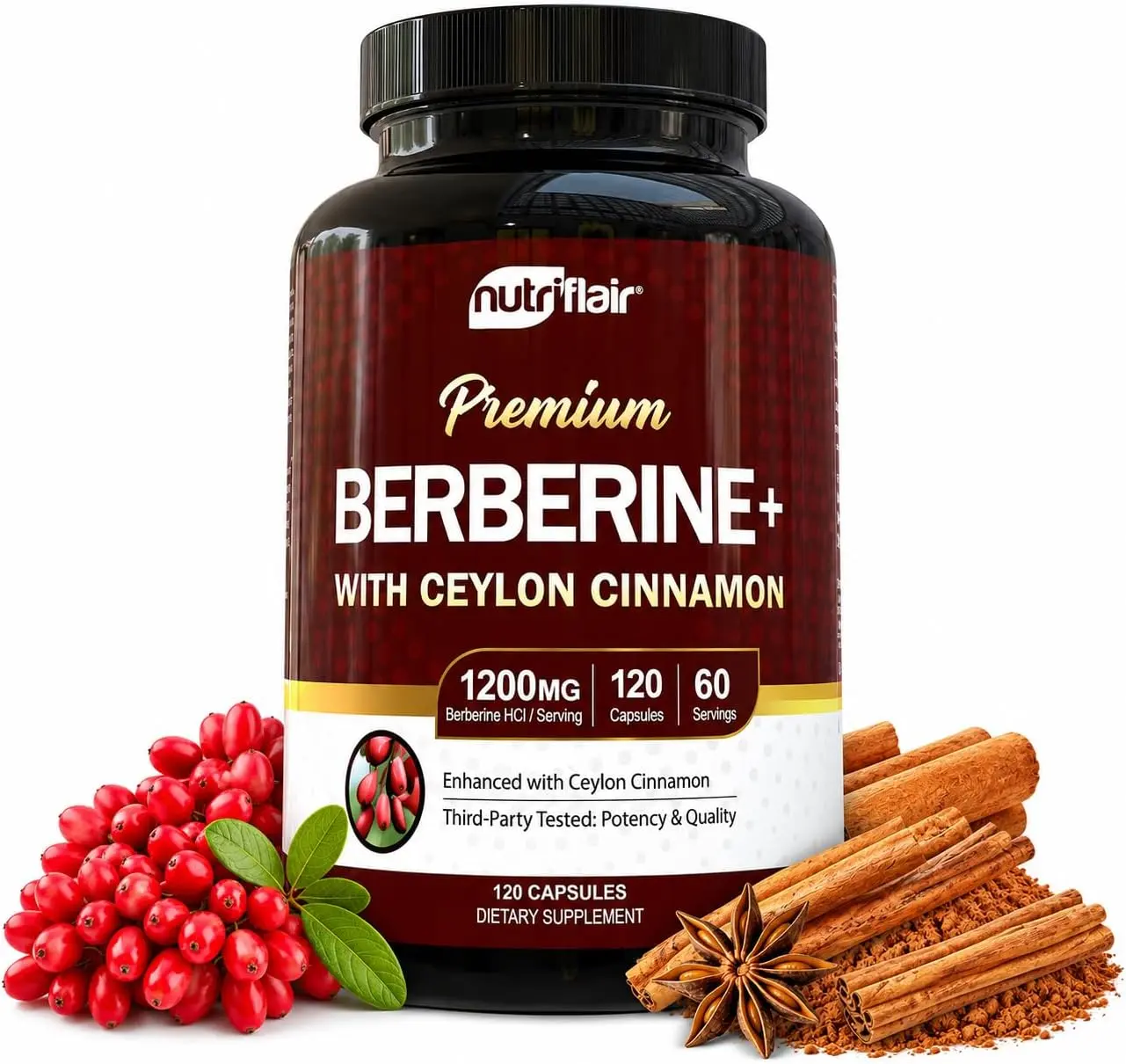 Nutriflair Berberine HCI 1200mg with Organic Ceylon Cinnamon, Blood Sugar Wellness Supplement, Natural Dairy-Free and Vegan-Friendly - 120 Dietary Capsules