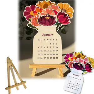 2026 Mini Floral Calendar with Wooden Stand, Unique Monthly Illustrations, Soft Fresh Aesthetic, Home & Office Decor, Office Organizer, Calendar Planner