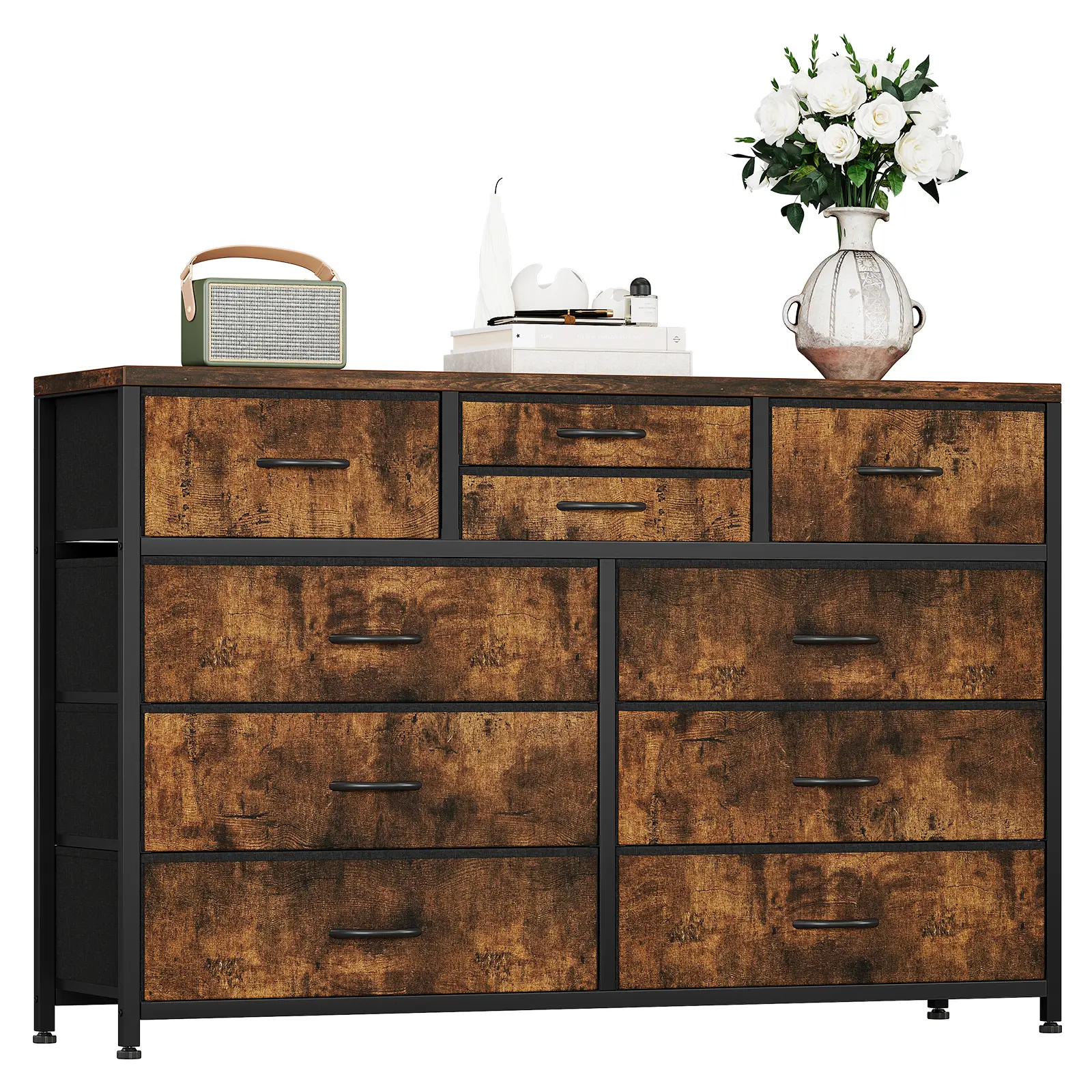 45-Inch Wide 10-Drawer Dresser for Bedroom & Living Room,Television Stand Entertainment Center with 10 Fabric Drawers,Modern Fabric Storage Chest with Removable Bins, Sturdy Steel Frame and Wood Top