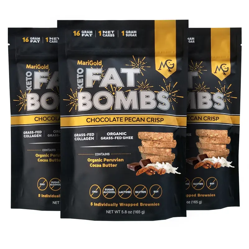 MariGold Keto Fat Bombs - Chocolate Pecan Crisp - 3 PACK (15 Bars) - Low Carb/Collagen Rich, Low Sugar, Organic Grassfed Ghee - Cocoa Butter, Gluten-Free/Non-GMO, Protein Snacks
