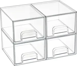 4 Pack Clear Stackable Storage Drawers, 4.4" inch Tall Acrylic Bathroom Makeup Organizer, Acrylic Bathroom Makeup Organizer,Plastic Storage Bins For Vanity, Undersink, Kitchen Cabinets, Pantry, Home Organization