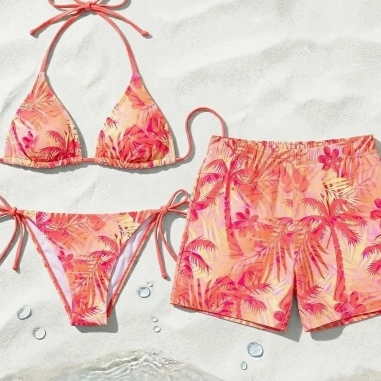 Tropical Matching Swimsuits for Couples, Sunset Palm Beach Wear, Hawaiian Style Bikini and Shorts, Pink Orange Swim