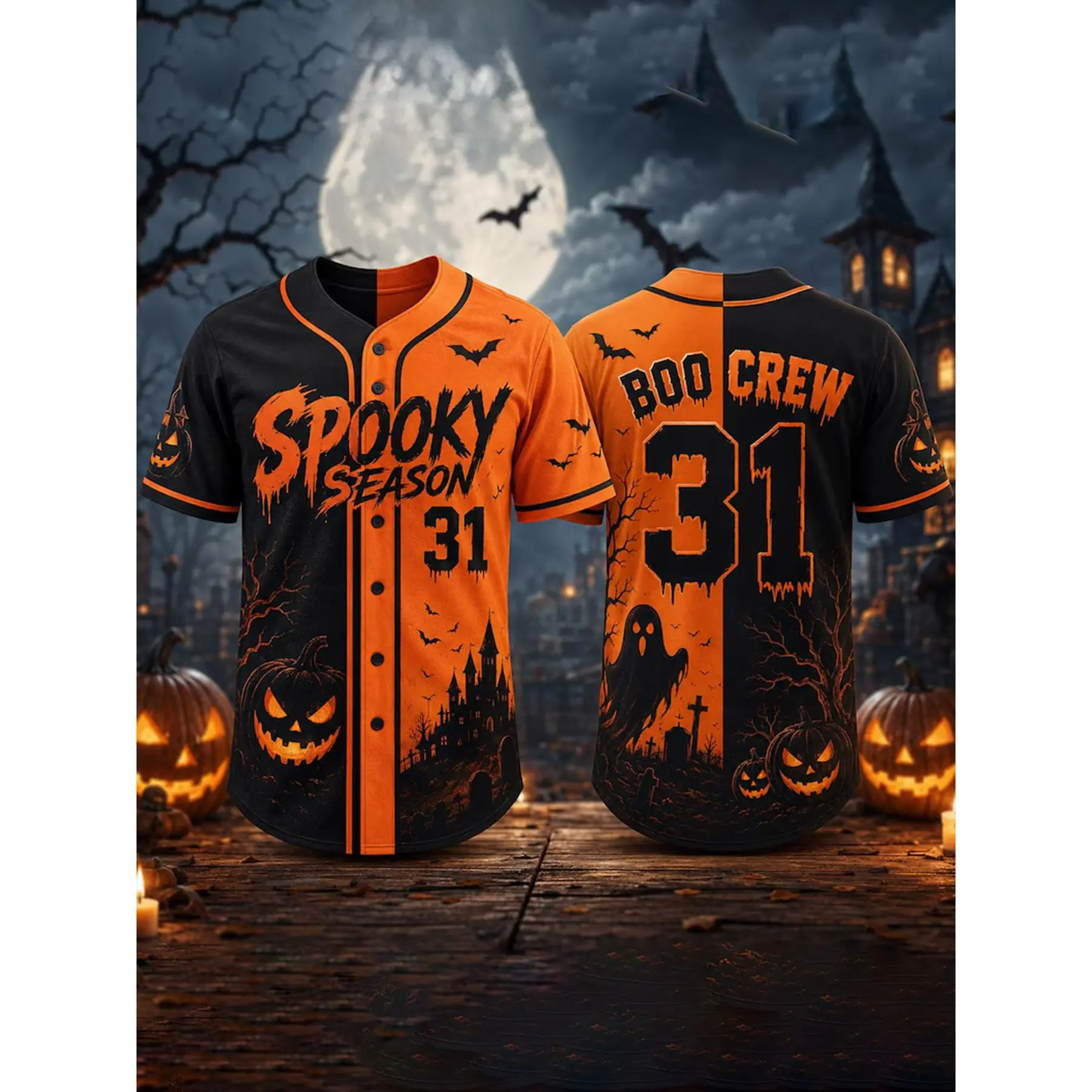 [S-4XL] Color Block Men's Fashionable Autumn Halloween Trendy Horror Season Pattern Baseball Shirt, with Ghost, Pumpkin, Bat, Castle, and Grave Designs, Adult Men's Casual Wear, Holiday Party Gift, Short Sleeve Tops, Halloween Theme