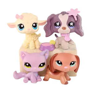 4 Pcs Little Pet Action Bobble-head Figures Lamb #186 Dashchund #2046 Sitting Cat #1994 Cocker Spaniel #672 with Cute Accesoires for Pet Collection Kids Gift Girl Play Figure Animal