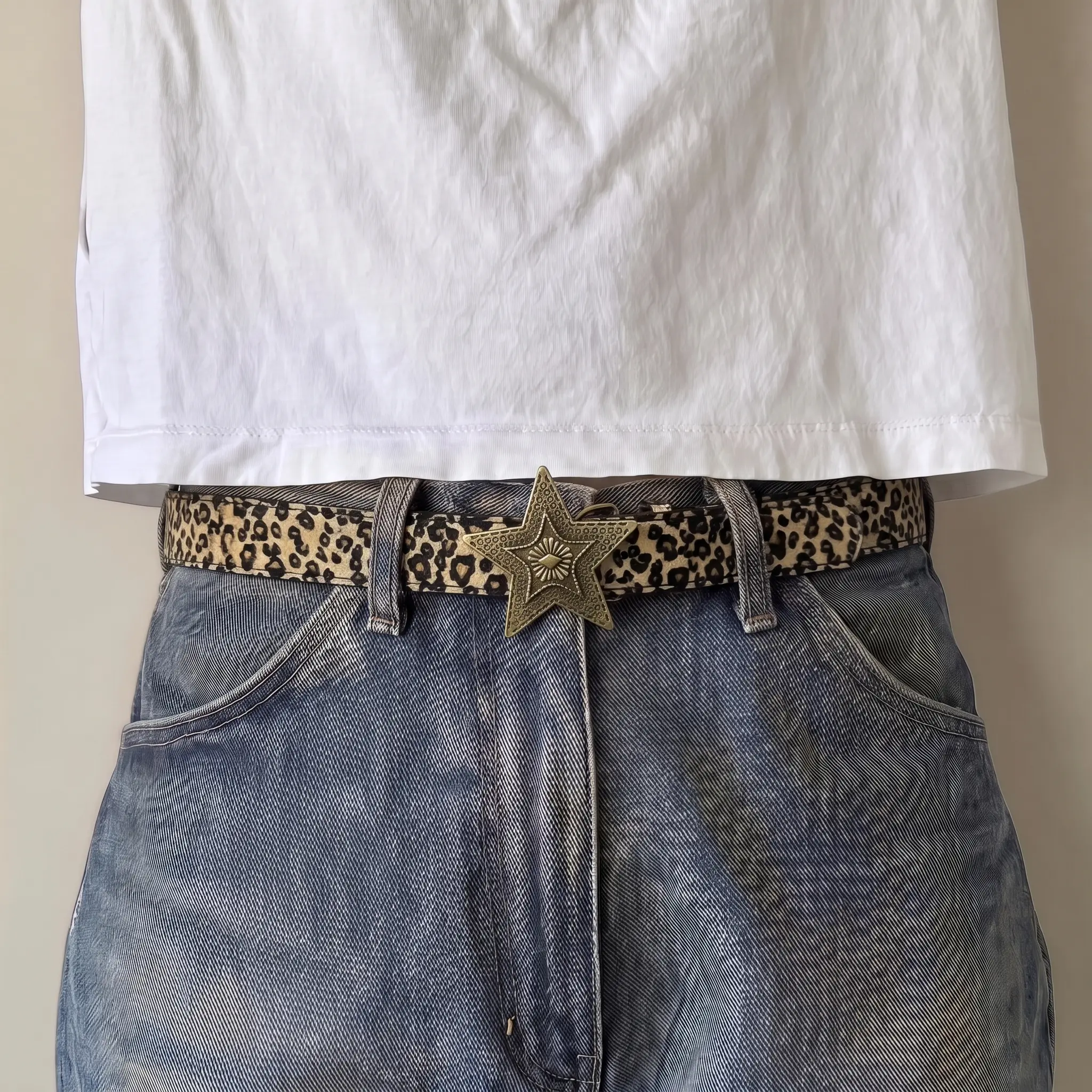 Leopard Print Western Belt with Ornate Antique Gold-Tone Star Buckle