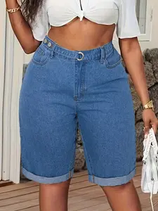 Women's Plus Size Denim Shorts, High Waisted Shorts, Casual High Waist Jean Shorties, Comfortable Summer Wear, Fashionable Ladies' Clothing, Bottom, Womenswear