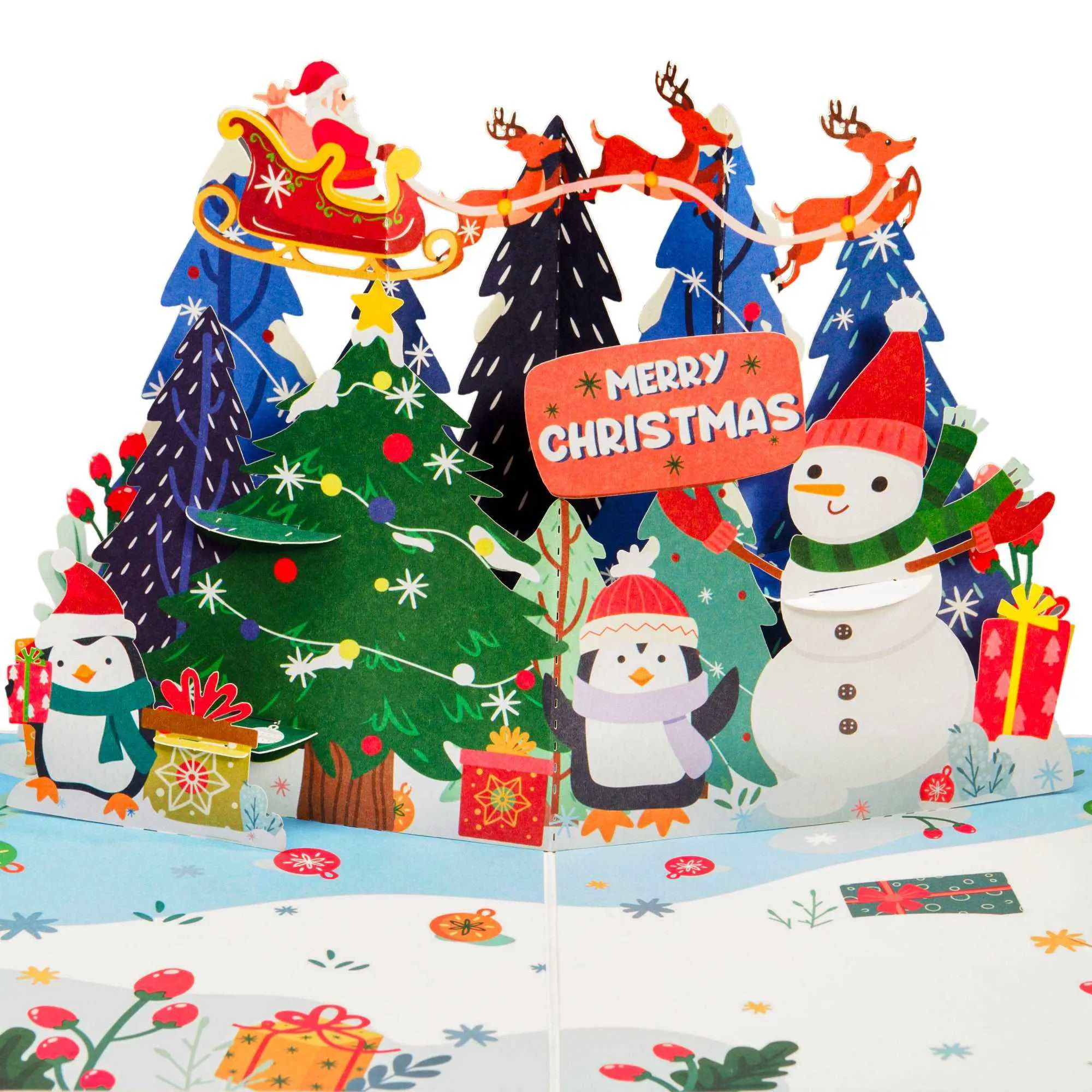Christmas Night Frndly Pop Up Card 5" x 7" Durable Cardstock 3D Popupcard with Festive Scene Snowman & Christmas Trees