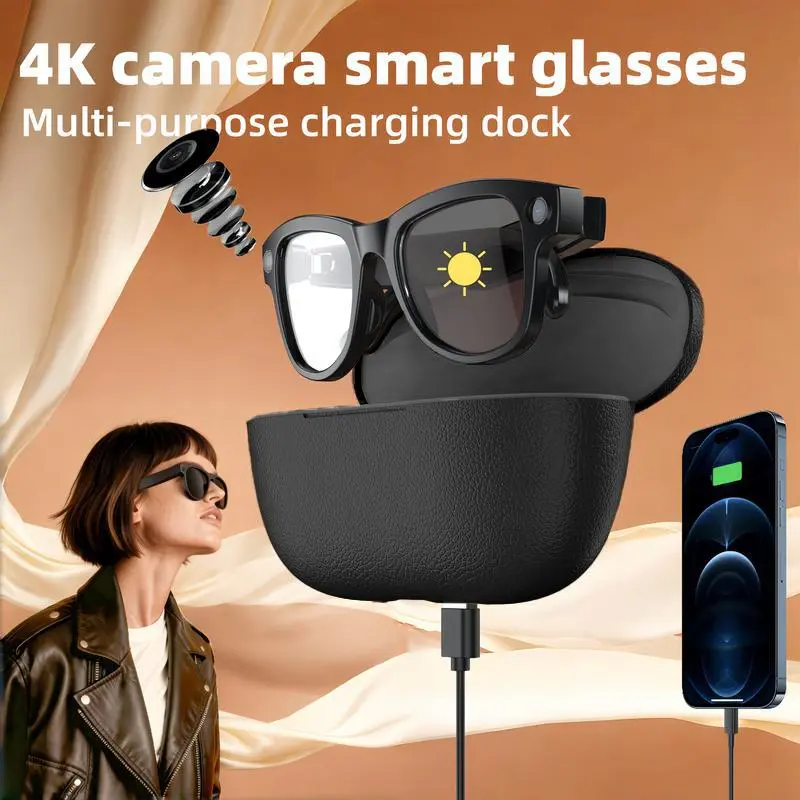 [Popular New Arrival] 2026 New-Generation M02 Ultra 4K Smart Camera Glasses with AI Photo Recognition Real-Time Translation & Charging Case as Power Bank for Bluetooth Calls Music Playback Stylish Travel Accessory - Photochromic Lenses Wearable