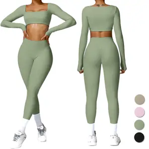 Women's 2 Piece Workout Set - Long Sleeve Square Neck Crop Top & High Waist Leggings for Yoga Gym Quick Dry Breathable Activewear