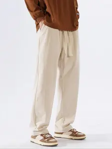 Men's Solid Patched Drawstring Waist Corduroy Pants, Regular Fit Casual Pocket Straight Leg Trousers for Fall & Winter, Men's Bottoms for Daily Wear