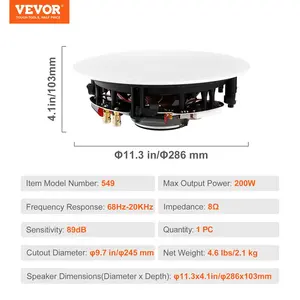 VEVOR 8 Inch in Ceiling Speakers, 200-Watts, Flush Mount Ceiling in-Wall Speakers System with 8Impedance 89dB Sensitivity, for Home Kitchen Living Room Bedroom or Covered Outdoor Porches, Single
