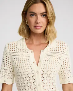 Express Open Stitch Crochet Short Sleeve Sweater Polo Express Open Stitch Crochet Short Sleeve Sweater Polo