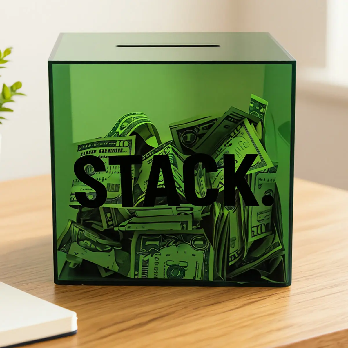 StackBox Clear Break-to-Open Savings Box – Cash Money Box for Savings Challenge, 7.5"