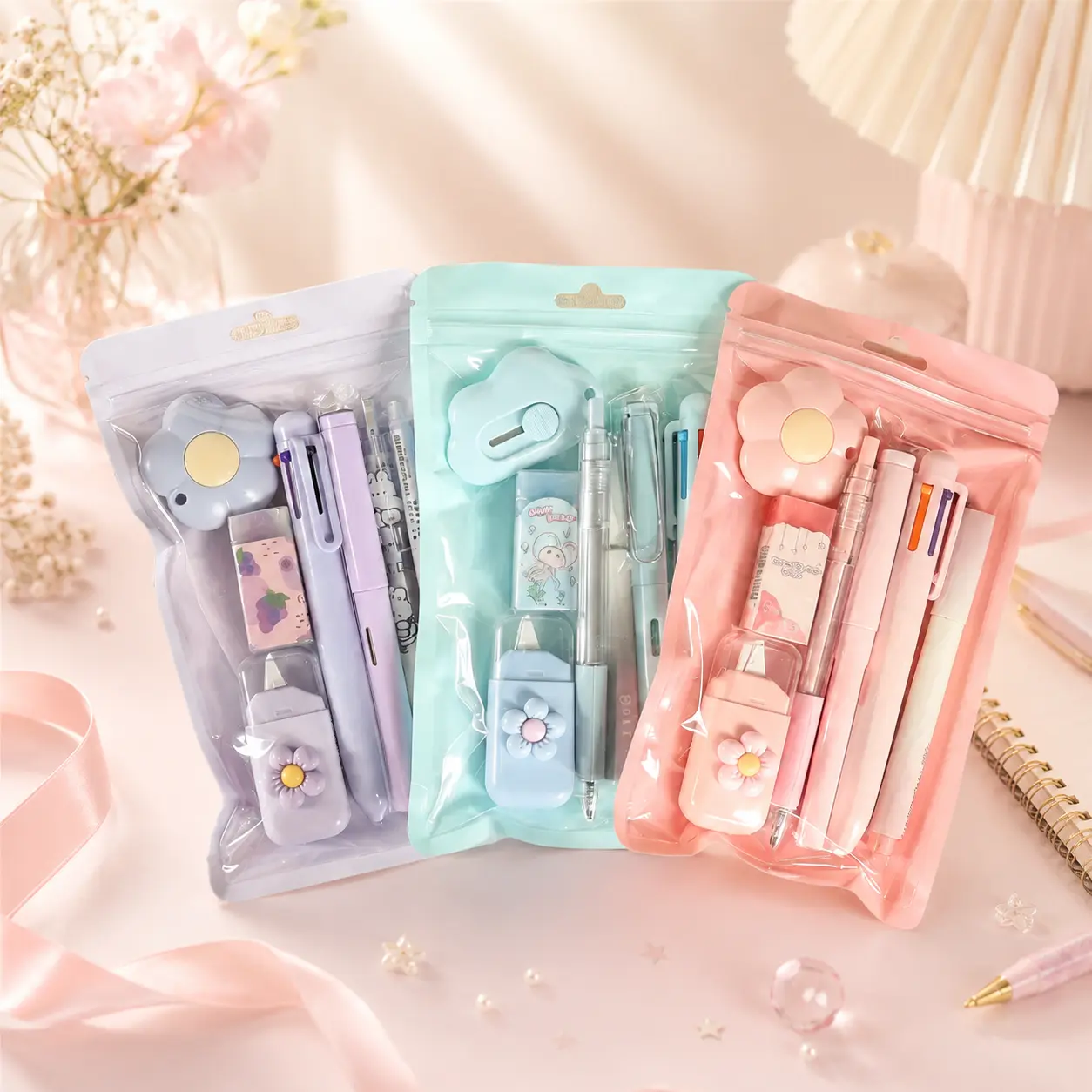 7-Piece Kawaii Stationery Set, Cute Aesthetic School Supplies Kit with Coordinated Pens, Pencil, Eraser and Writing Accessories, Back-to-School Essentials for Students, Journaling, Classroom, Office and Birthday Gifts