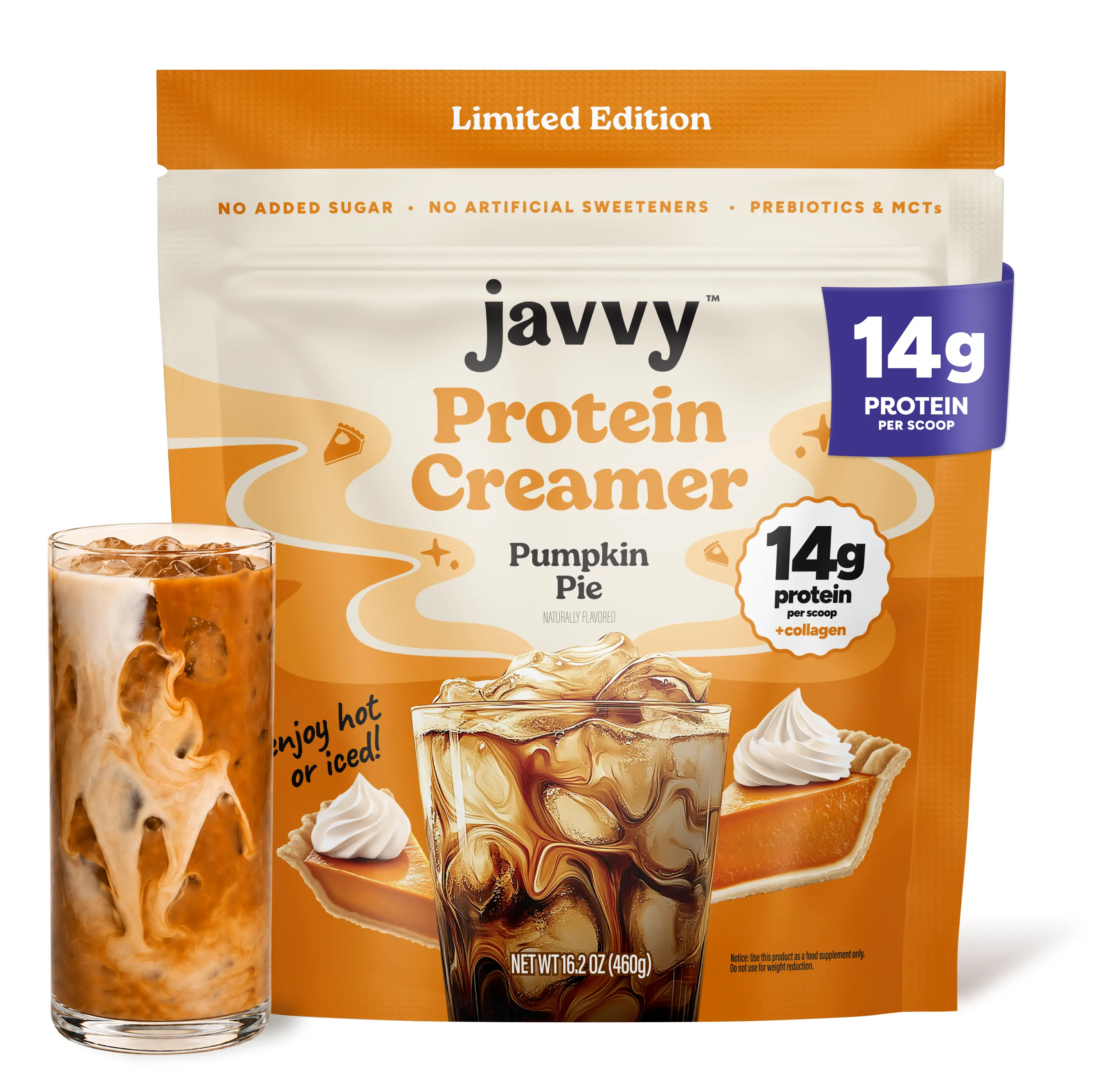 Javvy Limited Edition Pumpkin Pie Protein Coffee Creamer - Grass Fed Pasture Raised Collagen - Hair, Skin & Nail Support, Energy-Boosting MCTs, Keto Friendly, Gluten Free, No Added Sugar, 14g of Protein with Collagen