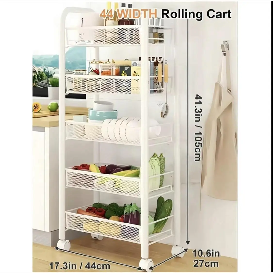 5 Tier Rolling Utility Cart Organizer Stable Sturdy Black Storage Carts With Wheels For Bathroom Kitchen Snack Craft Makeup Daily Essentials Shelf Rack Dish Drying Rack Utensils 41.3in/105cm Height