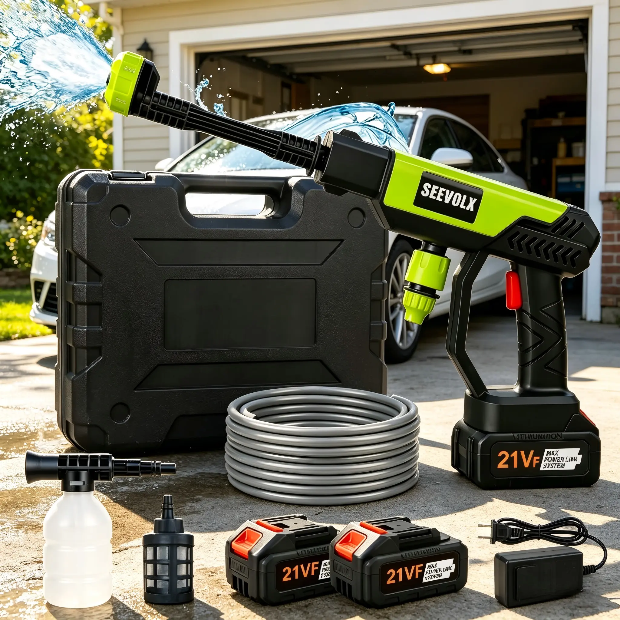 SEEVOLX 21V Cordless Pressure Washer Gun, Portable Power Washer with Charger Base & Foam Bottle, Rechargeable Cordless Cleaner for Car Washing, Home Use