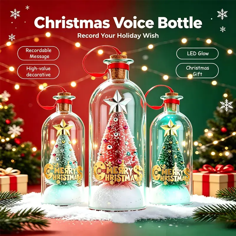 Recordable Voice Christmas Bottle Ornament with LED Light, Tree-Shaped Festive Decoration, Holiday Greeting Recorder, Meaningful Keepsake Gift for Family