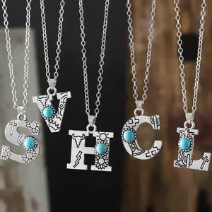 1pc Bohemian Western Style A-Z Letter Pendant Necklace with Turquoise Inlay Sunflower Bullhead Patterned Charms Vintage Jewelry Gift for Women Couple Fit Daily Wear