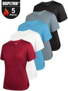 HOPLYNN 5pcs High Performance Athletic  Short Sleeve T-Shirts - Moisture-Wicking, Breathable Polyester - Ideal for Running & Tennis, Assorted Colors athletic dress gym outfits