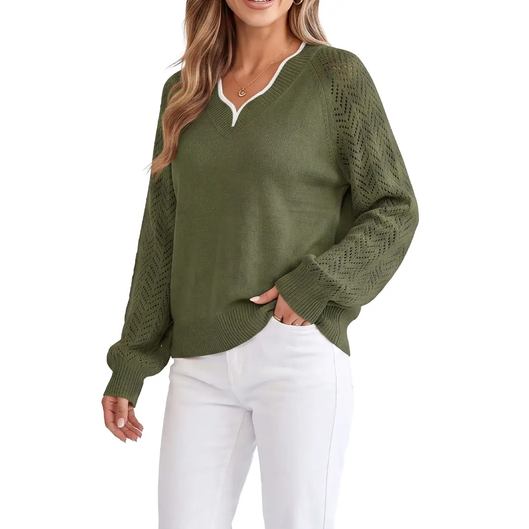 Shewin Women's Minimalist Solid Contrast Trim V-Neck Cutout Raglan Long-Sleeve Loose Regular-Length Casual Knit Pullover Sweater, Ribbed Polyester-Viscose Fabric, Knitwear, Lightweight, Breathable, Basic