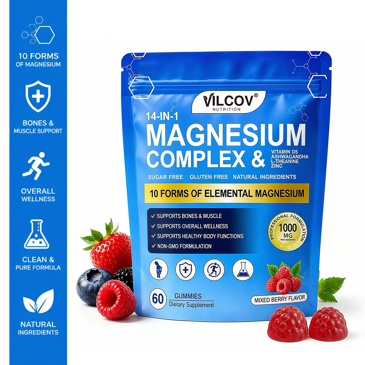 VILCOV 14-in-1 Magnesium Complex Gummies, Mixed Berry Flavor – 60 Soft Chews with 10 Types of Magnesium, Ashwagandha, D3, Zinc & L-Theanine – Boosts Relaxed Mood, Muscle Recovery & Nightly Rest – Perfect for Summer Vibes, Travel or Mom's Daily Routine