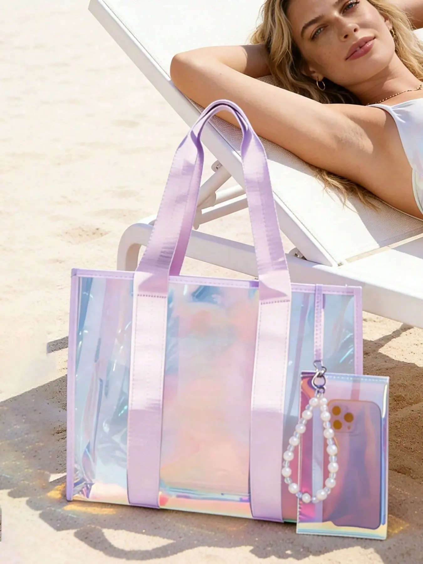 1/2 pack large beach transparent holographic tote bag for women, Summer bags, waterproof and sandproof beach bag with zipper storage pouch, for vacations, holidays, travel