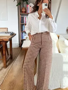 Women's High-Waisted Straight-Leg Pants, Vintage Plaid Design, Fall/winter New Collection, Loose Fit & Comfortable Wear