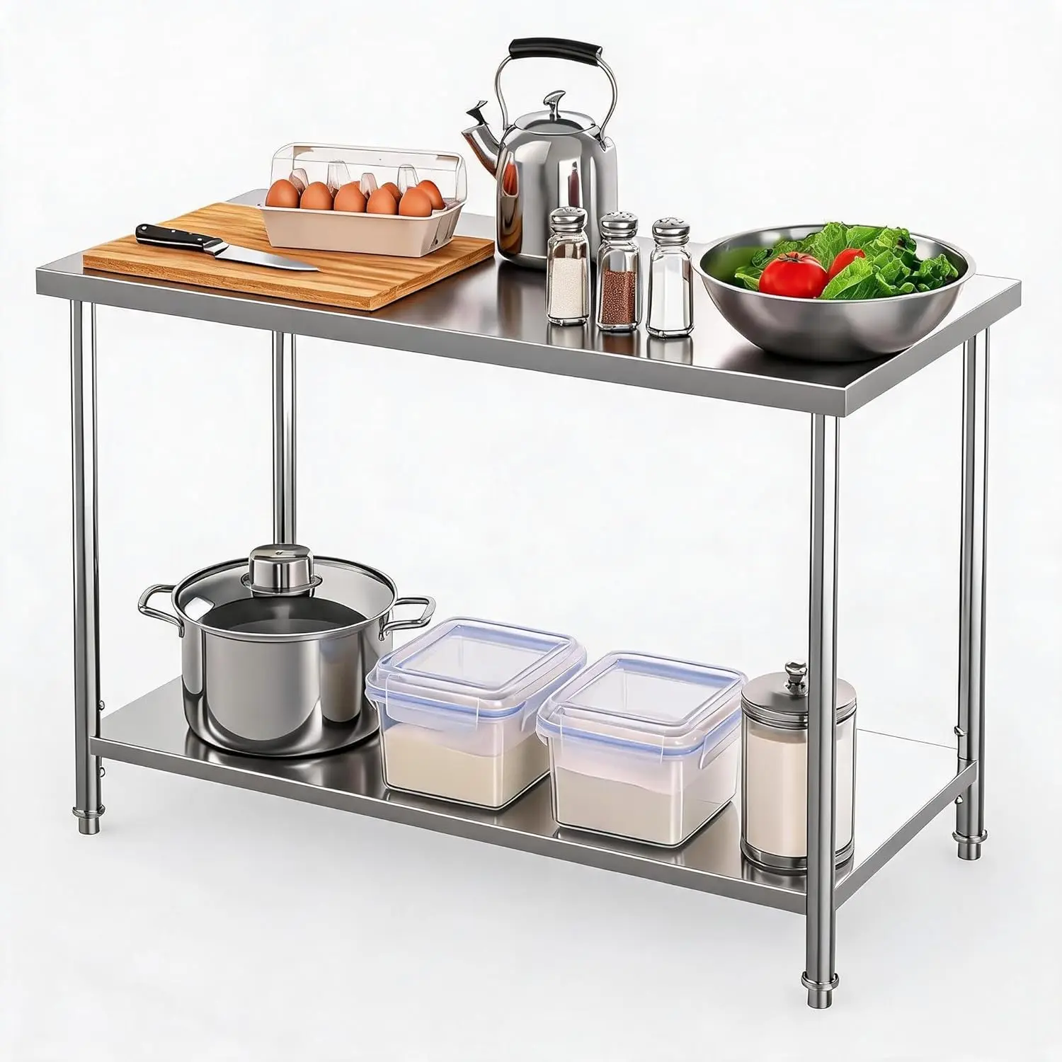 Stainless Steel Table – 60″×24″/48″×24″ /36″×24″ NSF 2‑Tier Prep Table with Adjustable Foot & Under Shelf – Heavy Duty Commercial Worktable for Restaurant, Home, Kitchen, Indoor & Outdoor