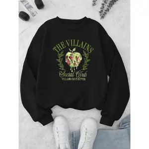 Women's Villains Social Club Graphic Print Crew Neck Long Sleeve Sweatshirt - Trendy Halloween Party Outfit Soft Cotton Casual Streetwear Fashion Top Womenswear Hoodie Black Crewneck Pullover Fitted