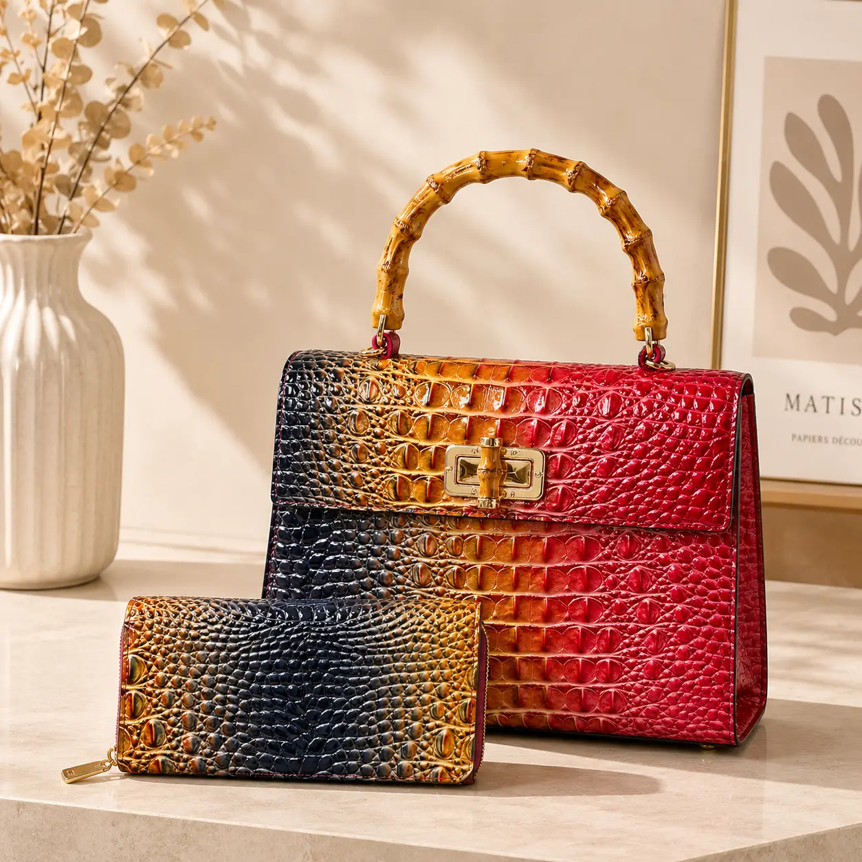 2PCS Croc Embossed Tote Bag Set for Women, Large Capacity Shoulder Handbag with Matching Wallet, Fashion Everyday Purse
