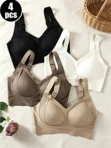4-Pack Women's Seamless Wireless Sports Bras, Soft Cup Yoga Bras, Everyday Bras, Medium Support, Adjustable Straps, Detachable Pads, All Seasons, Underwear