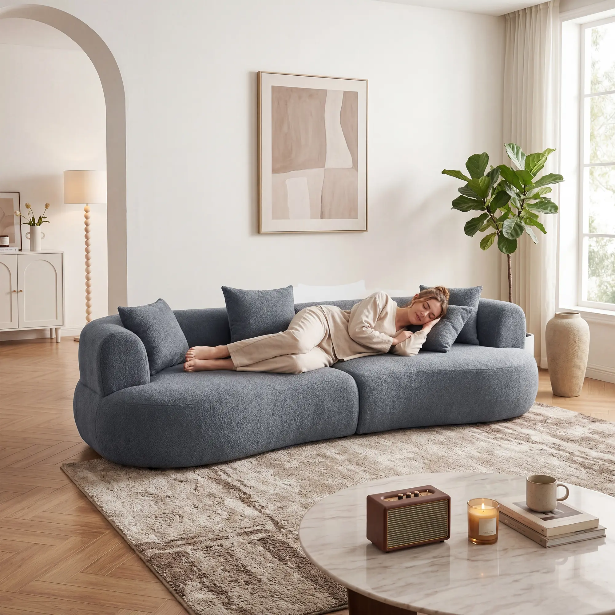 Modern Curved Sofa Sectional,122'' Arc 4-Seater Foam Couch Compressed in-a-Box, Boneless Cloud Couch with Extra-Deep-Wide Seats in Comfortable