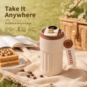 15 oz Stainless Steel Travel Coffee Mug, Vacuum Insulated Tumbler with Temperature Display, Leak-Proof Portable Coffee Thermos for Outdoor Camping, Heat & Cold Retention Cup