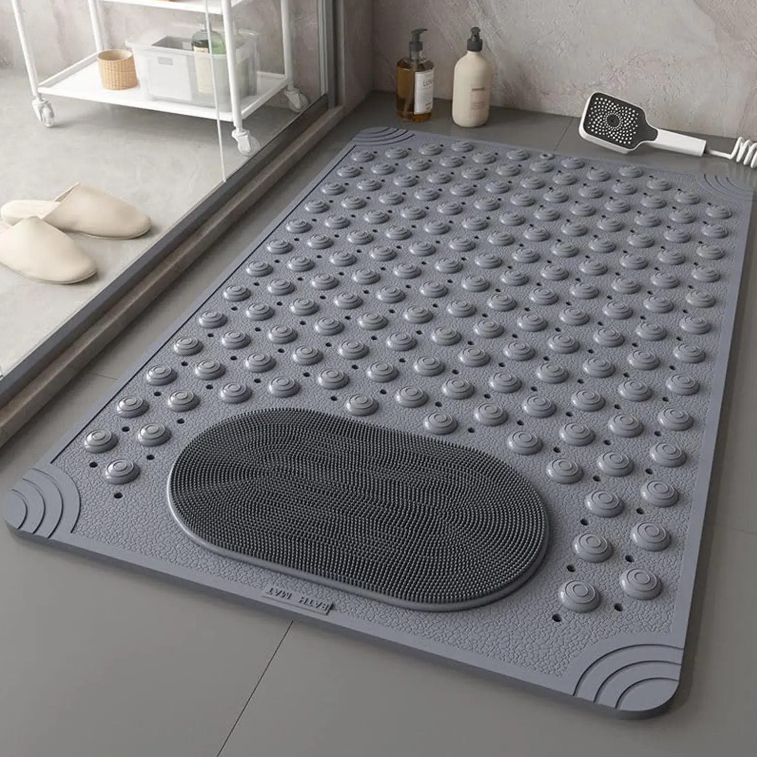 Synthetic PVC Rectangle Slip-Resistant Shower Bath Mat - Indoor Home Bathroom Accessory with Suction Cups, Antibacterial Waterproof, Perforated Quick-Drying Surface, Textured Massage Design for Bath Use